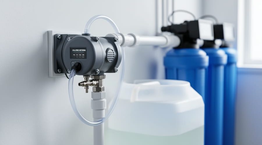 Chlorine metering diaphragm pump on a utility-room wall with tubing to an injection check valve on a PVC line, next to a translucent solution tank; blue pressure tank and filter housings softly blurred in the background.