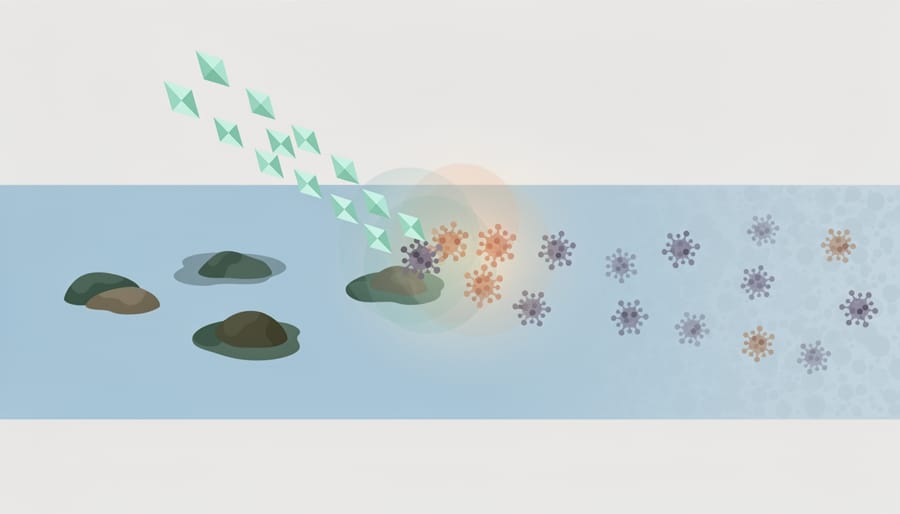 Chlorine tablets and organic matter in water showing chemical reaction with bubbles