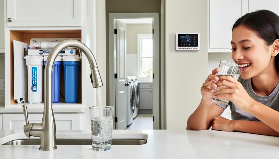 Clear filtered water pouring from kitchen faucet into glass