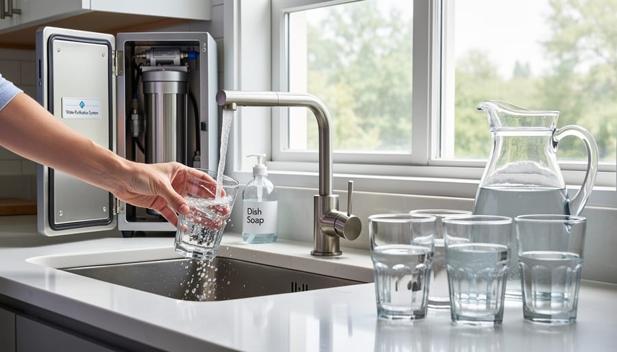 Clear glass being filled with clean treated water from kitchen faucet