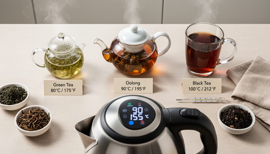 Overhead view of various tea types in bowls with corresponding brewed tea cups