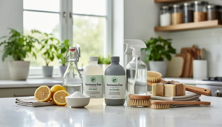 Eco-friendly reusable products and natural household items on kitchen counter