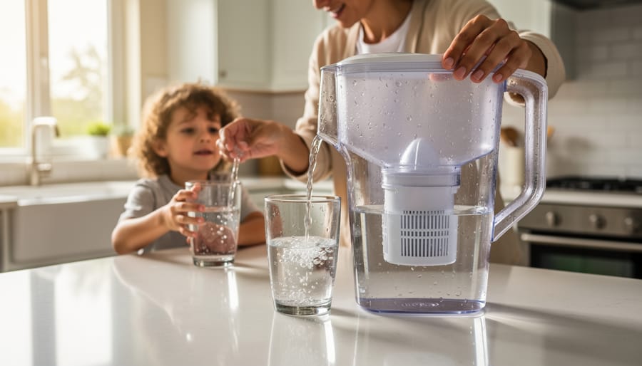 Family in kitchen using water filter pitcher to fill children's water bottles