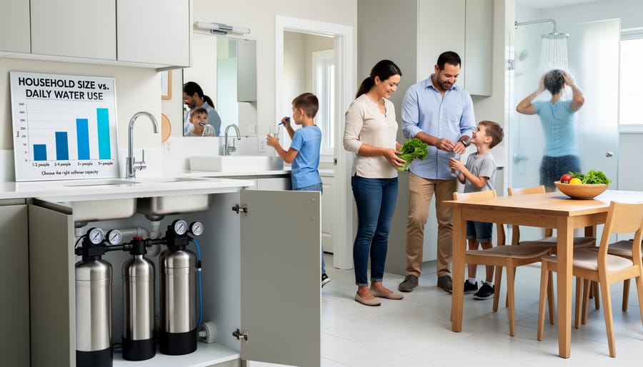 Overhead view of family members' hands holding glasses of water on kitchen table