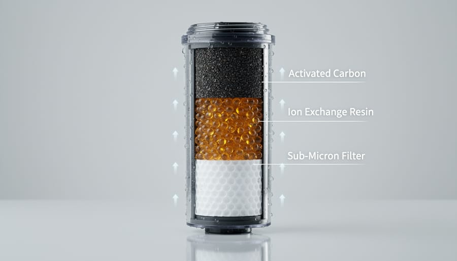Close-up of 5-stage water filter cartridge showing visible filtration layers