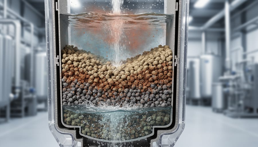 Close-up of dark granular filter media used in iron and manganese removal systems