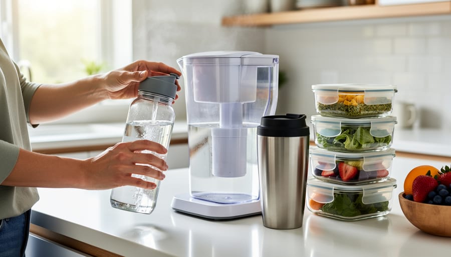 Person filling reusable glass water bottle with filtered tap water in modern kitchen