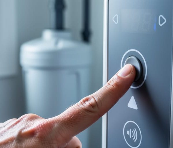 Close-up of a hand pressing a button on a home water softener control panel, with a blurred brine tank and plumbing in the background.