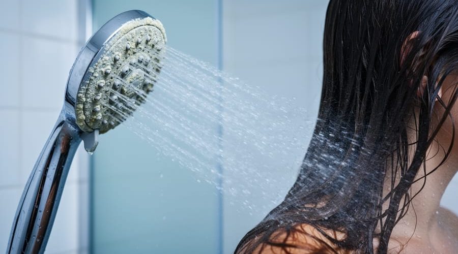 Close-up eye-level view of a limescale-coated chrome showerhead spraying onto wet, dull hair strands, with cool lighting and blurred white bathroom tiles in the background.