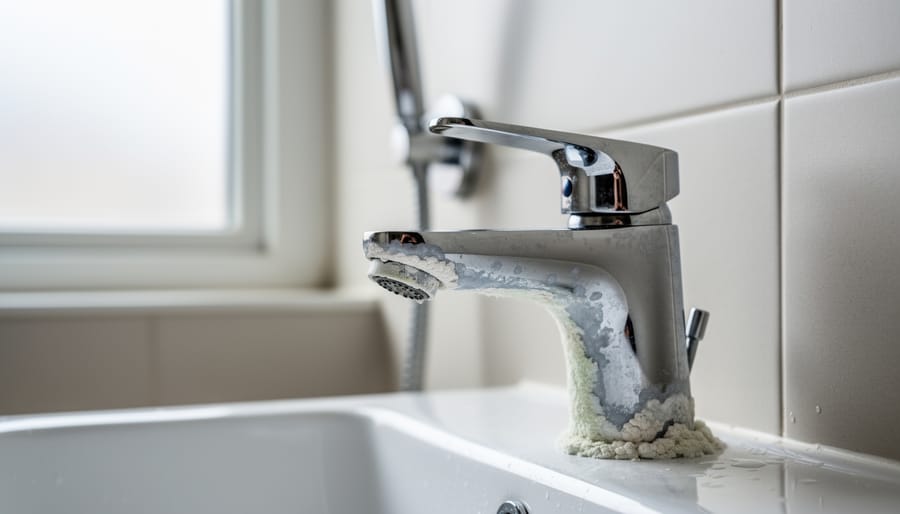 Close-up of white mineral deposits and calcium buildup on chrome bathroom faucet