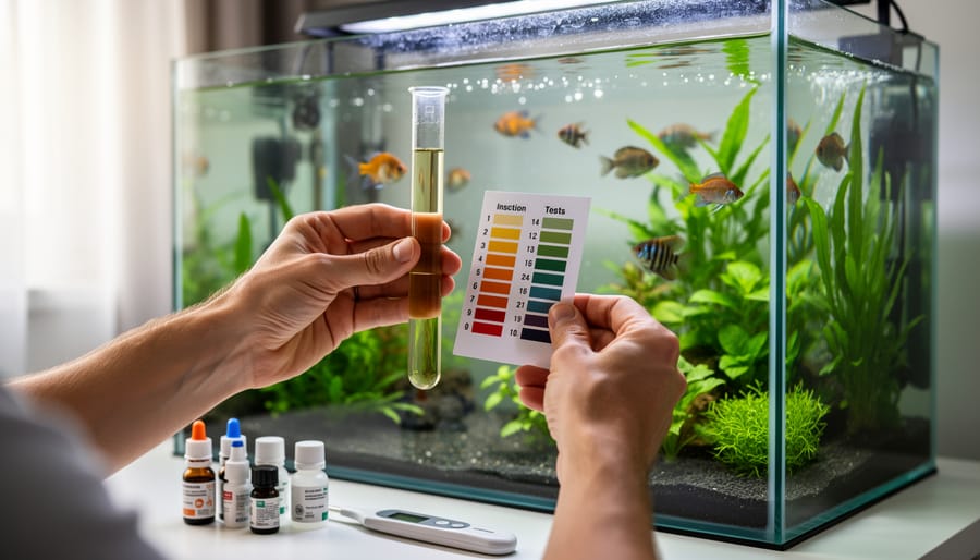 Healthy freshwater aquarium with clear water, green plants, and colorful tropical fish