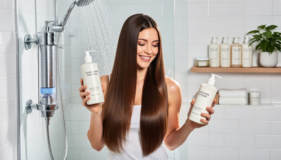 Woman with healthy shiny hair washing hair under filtered shower water