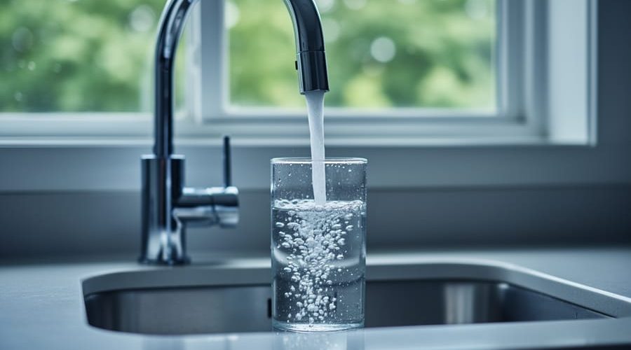 Close-up of a clear glass filling with tap water from a chrome kitchen faucet, sharp focus on stream and microbubbles, blurred modern kitchen and leafy window background.