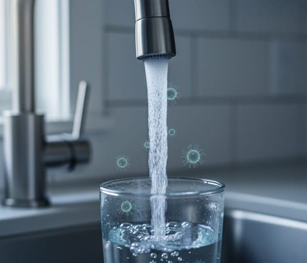 Close-up of clear water pouring from a stainless-steel kitchen faucet into a glass, with subtle translucent microbe shapes in the stream and a softly blurred modern kitchen background.