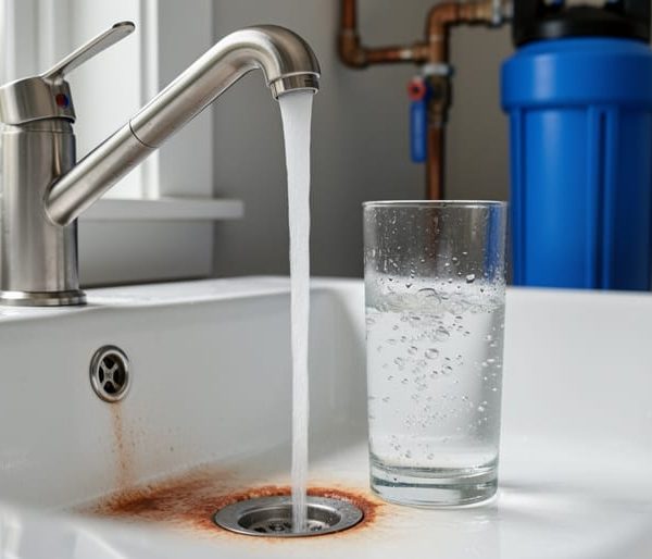 Kitchen faucet pouring clear water into a glass next to a sink drain with a subtle reddish-brown stain, with a whole-house water filter blurred in the background