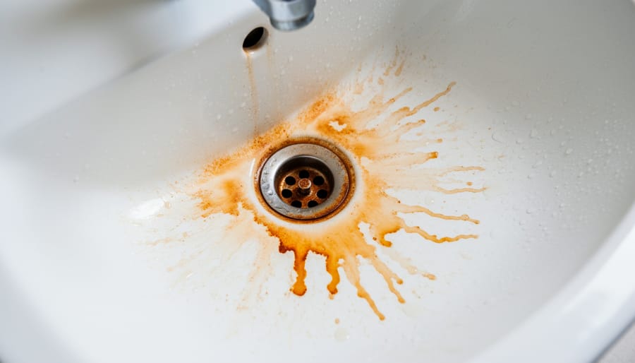 White porcelain sink showing orange-brown iron stains around the drain