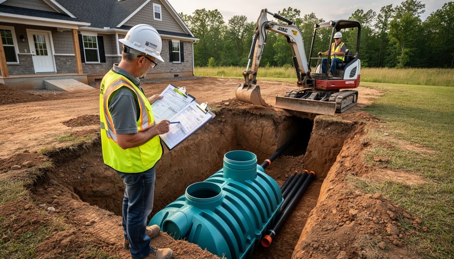Septic professionals reviewing system plans at residential installation site