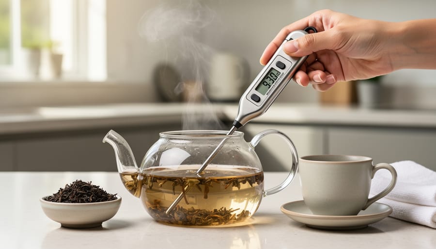 Hand holding thermometer measuring water temperature in kettle on stovetop