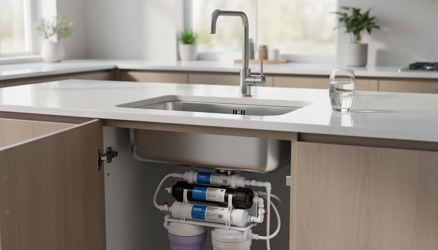 Modern under-sink water filtration system with membrane filters for microplastic removal