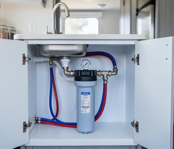 Compact under-sink water filter connected to red and blue PEX pipes inside a mobile home cabinet, with a small pressure gauge on the main water line and a softly blurred kitchen in the background.