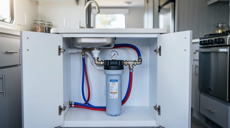Compact under-sink water filter connected to red and blue PEX pipes inside a mobile home cabinet, with a small pressure gauge on the main water line and a softly blurred kitchen in the background.
