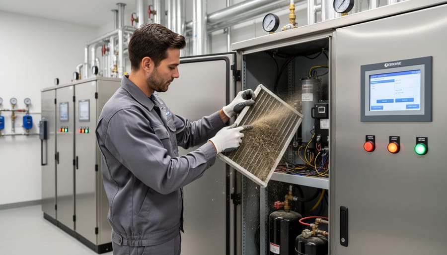 Homeowner performing routine maintenance on ozone water treatment system air filter