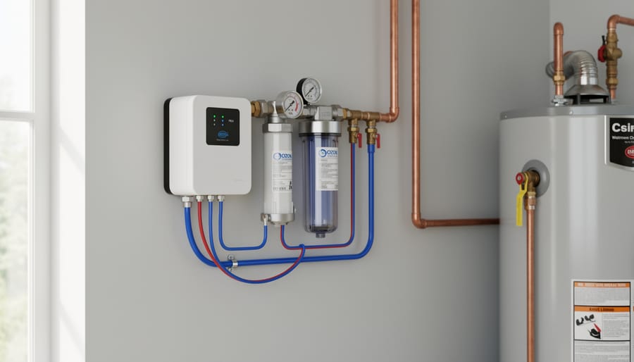 Residential ozone water treatment system mounted on basement wall showing generator and contact tank