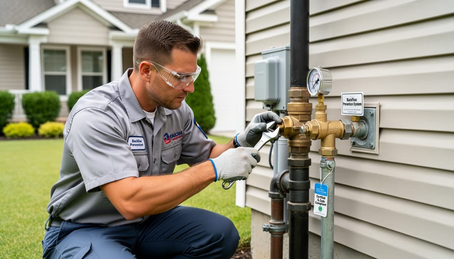 Licensed plumber inspecting backflow preventer installation at residential property