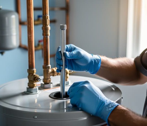 Close-up of gloved hands inserting a powered titanium anode rod into the top of a residential water heater, with copper pipes and an expansion tank softly blurred in the background.