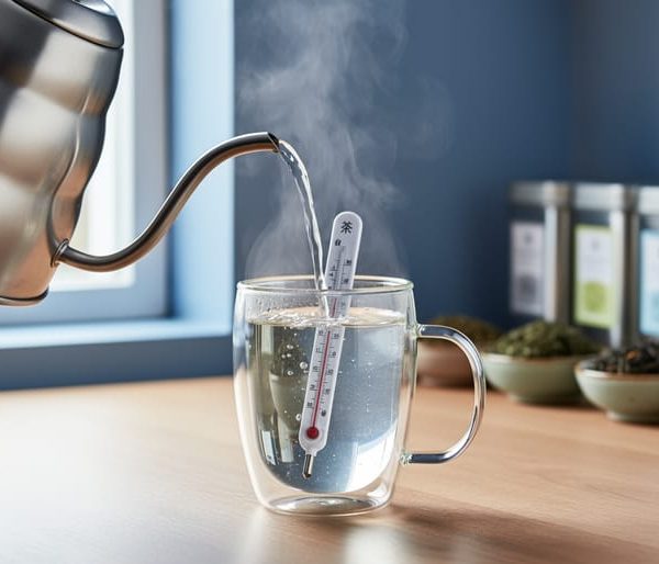 Gooseneck kettle pouring hot water into a clear glass mug with an instant-read thermometer immersed, steam rising, with blurred tea tins and bowls of green, oolong, and black tea leaves on a wood countertop in the background.