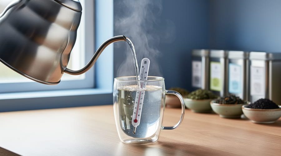 Gooseneck kettle pouring hot water into a clear glass mug with an instant-read thermometer immersed, steam rising, with blurred tea tins and bowls of green, oolong, and black tea leaves on a wood countertop in the background.