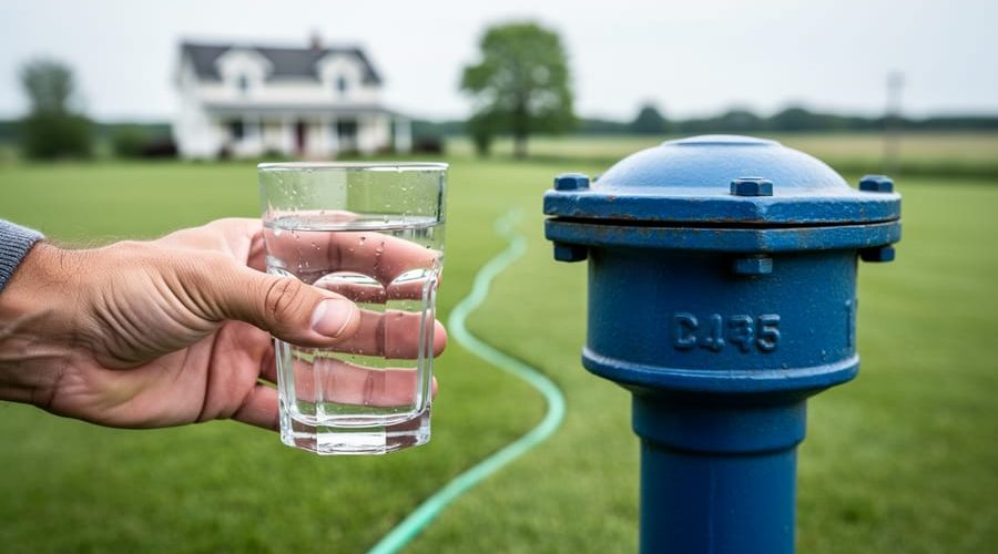 Hand holding a clear glass of water beside a blue-capped residential wellhead in a grassy rural yard, with farmhouse and trees softly blurred in the background, illustrating homeowner responsibility for private well water testing and safety.