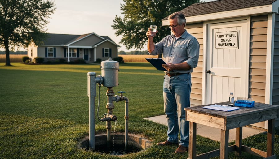 Private residential water well head with metallic casing in yard setting