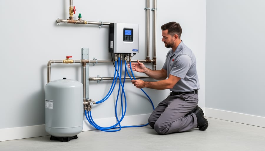Professional technician installing ozone water treatment system in home utility room