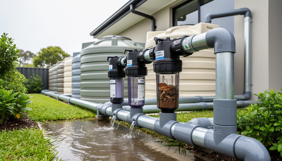 Close-up of rainwater flowing through mesh filter in harvesting system