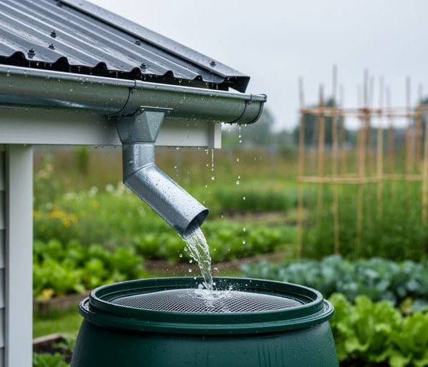 Roof gutter and downspout channeling rainfall into a green rain barrel with screened inlet, with a garden and fence softly blurred in the background.