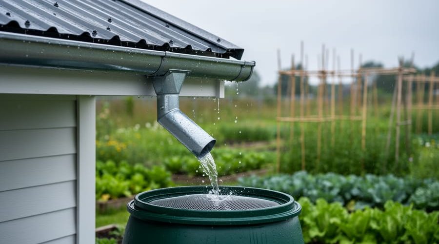Roof gutter and downspout channeling rainfall into a green rain barrel with screened inlet, with a garden and fence softly blurred in the background.