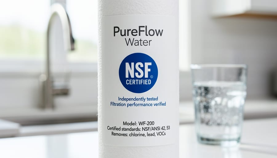 Homeowner reading NSF certification information on water filter system