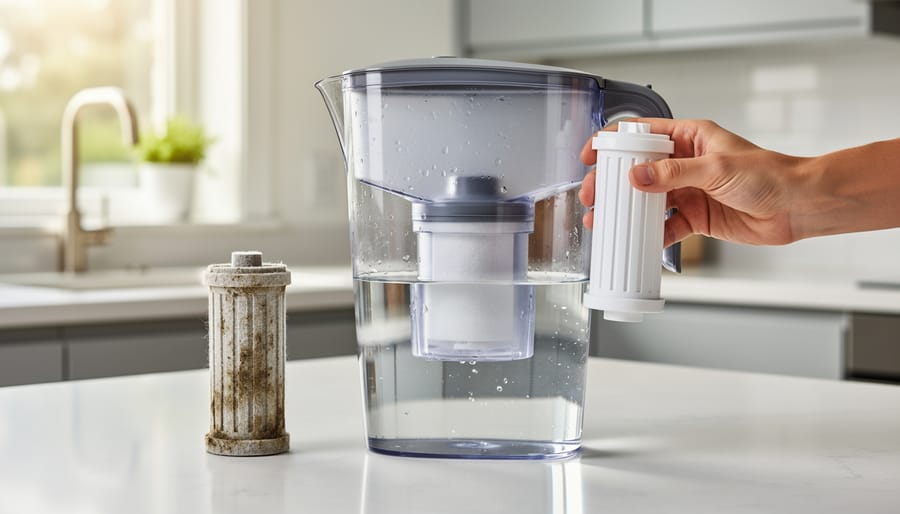Hands replacing filter cartridge in water pitcher from overhead view
