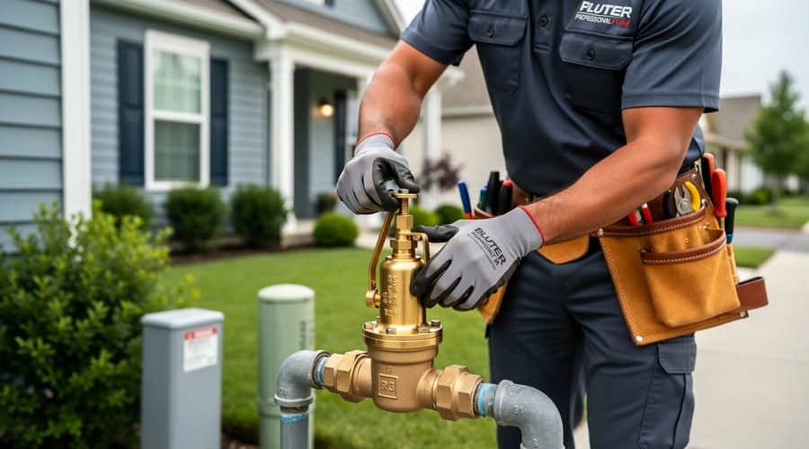 Licensed plumber tightening a brass backflow preventer on a residential irrigation system beside a suburban home, with the house facade and lawn blurred in the background.