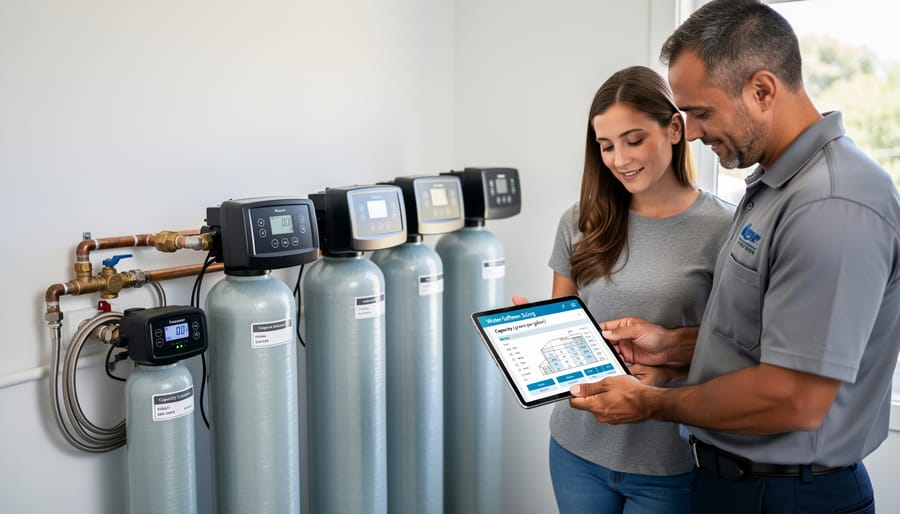 White water softener tank installed in residential basement utility room
