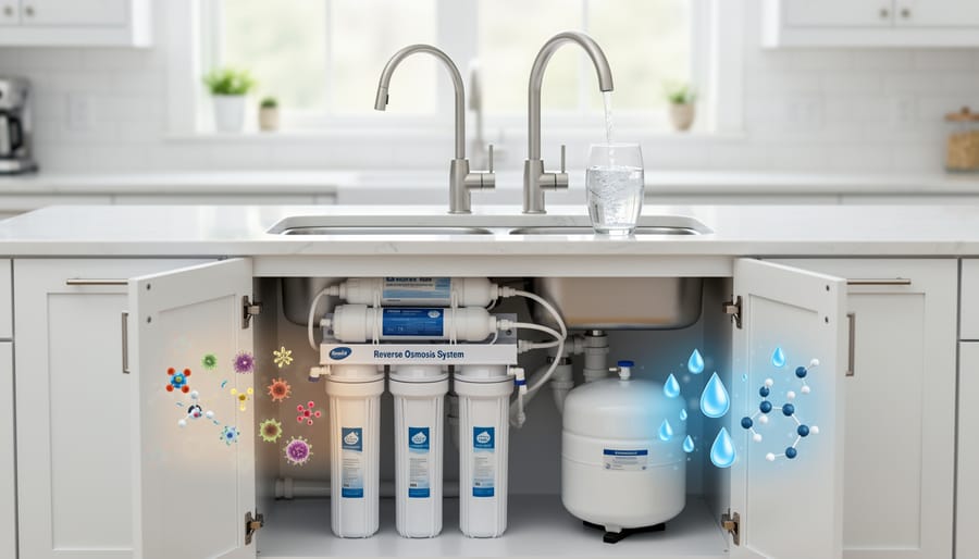 Modern reverse osmosis water filtration system installed under kitchen sink