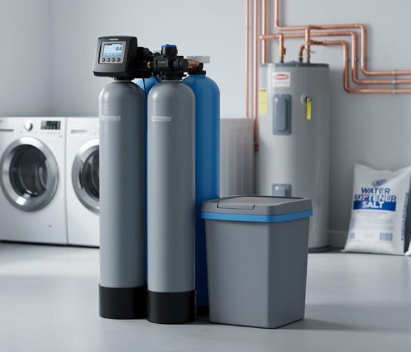 Eye-level photo of a modern twin-tank residential water softener with brine tank in a tidy utility room, with laundry machines, water heater, and piping softly blurred behind under diffused daylight.