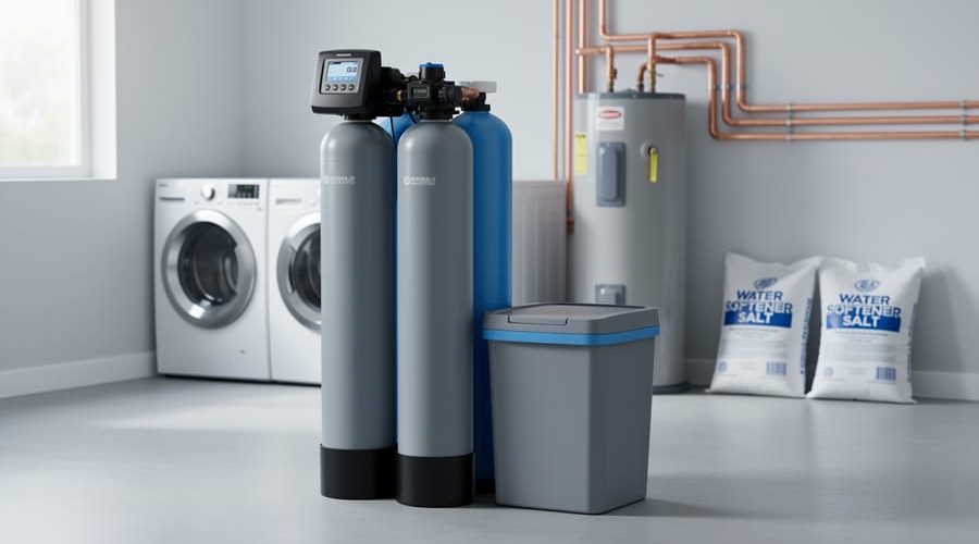 Eye-level photo of a modern twin-tank residential water softener with brine tank in a tidy utility room, with laundry machines, water heater, and piping softly blurred behind under diffused daylight.