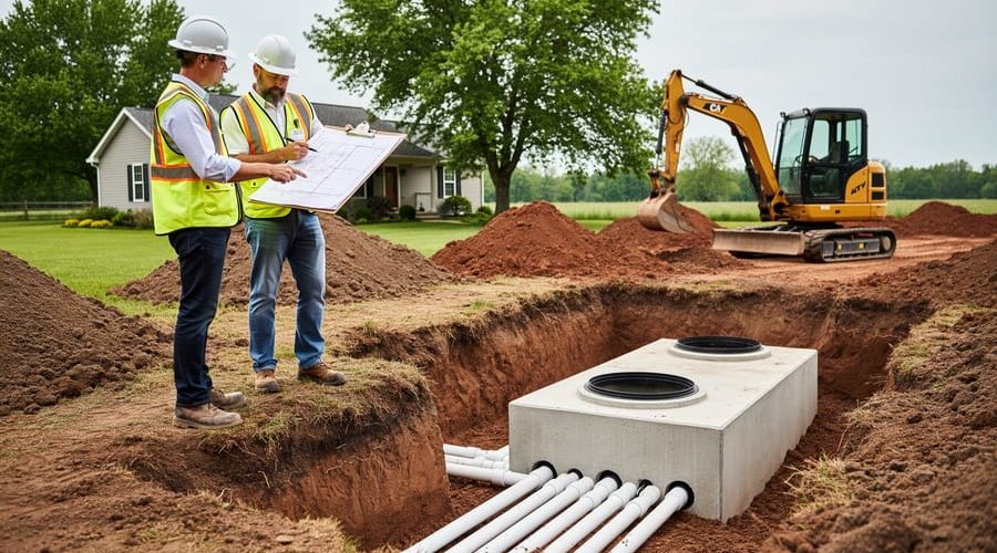 County health inspector and septic contractor in safety gear review plans beside an open septic tank and drain field lines at a rural home, with a mini excavator and farmhouse softly blurred in the background under bright overcast light.