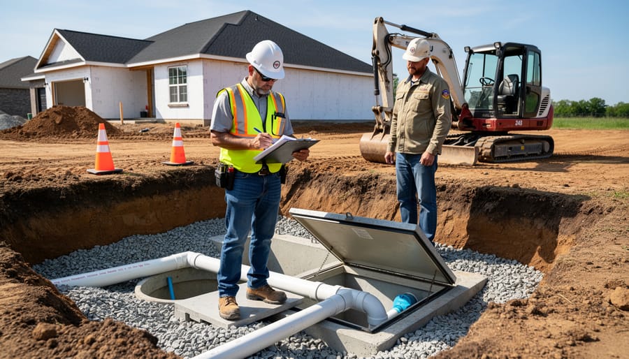 Health inspector examining septic system installation with contractor during approval process