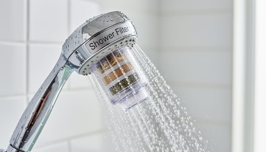 Chrome shower filter attachment with visible filtration media