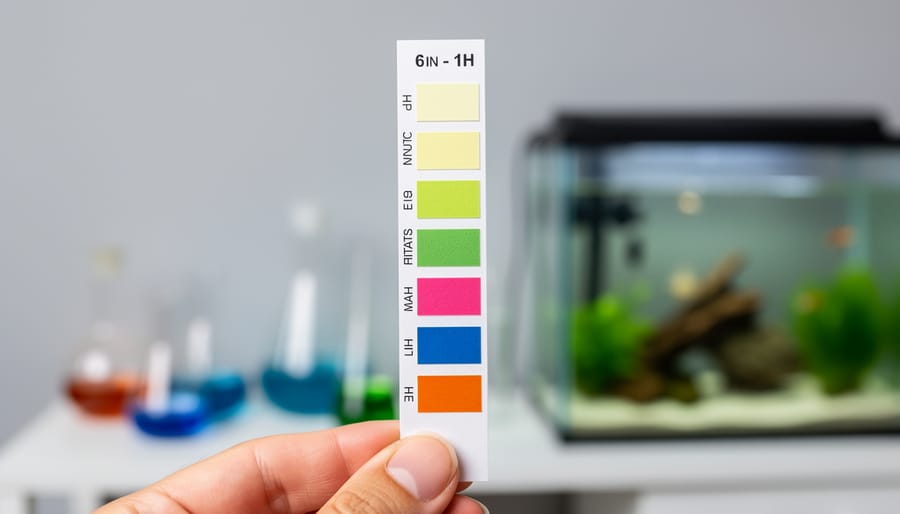 Hand holding colorful 6-in-1 aquarium test strip above fish tank water