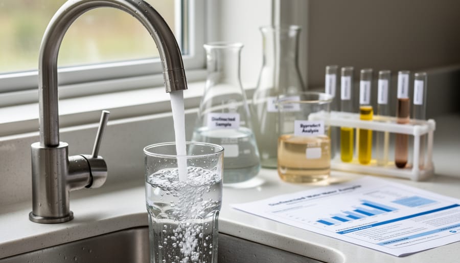 Clear glass being filled with tap water from kitchen faucet