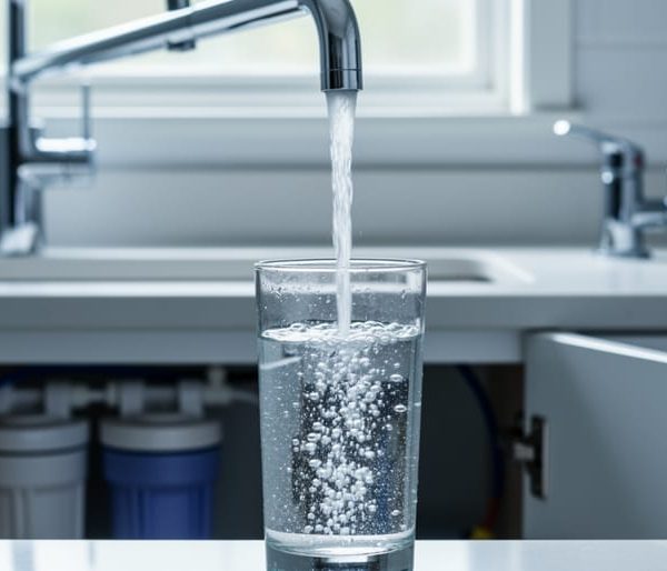 Close-up of a glass being filled at a kitchen faucet, with a separate reverse osmosis spigot and blurred under-sink filter canisters in the background under soft daylight.